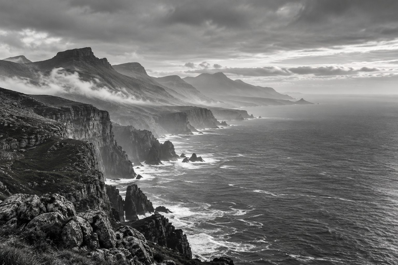 Conceptual Atlantic coastal landscape in black and white